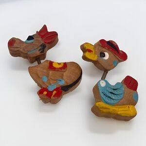 Vintage Pair of Wood Carved Hand Painted BOBBLE HEAD Brooches Duck Donkey JAPAN